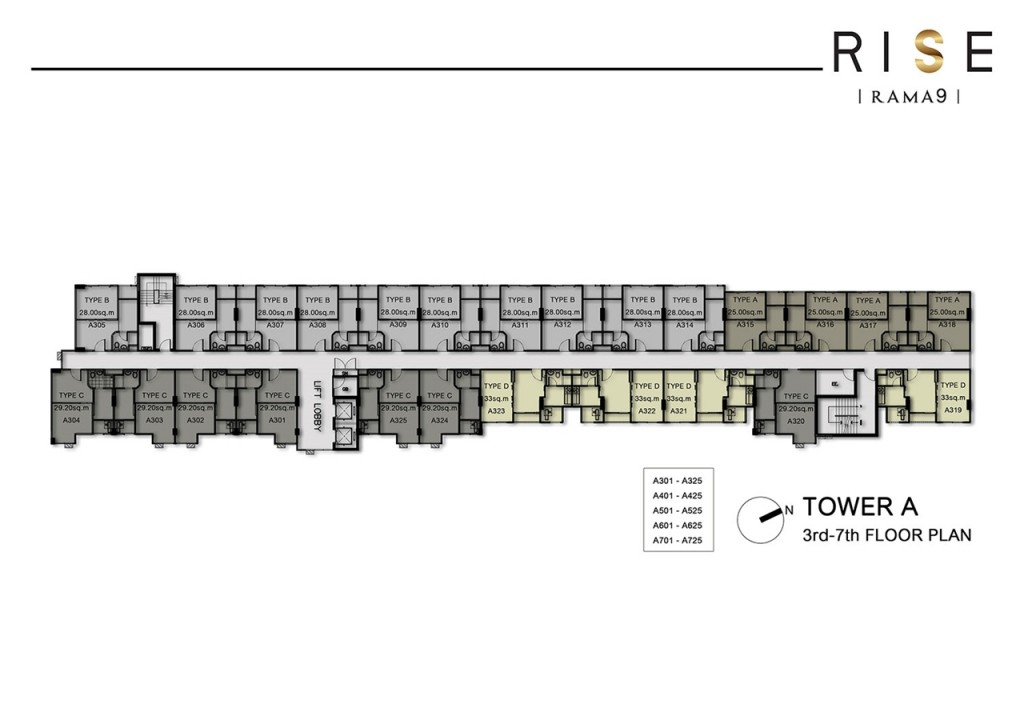 แปลนชั้น 3 -7 อาคาร A เป็นชั้นพักอาศัยจำนวน 25 ยูนิต เป็น 1 Bedroom ทั้งหมด