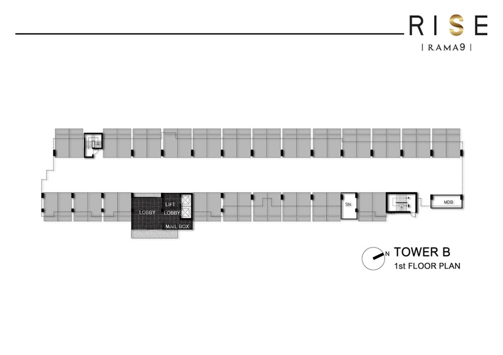 แปลนชั้น 1 อาคาร B เป็นที่จอดรถใต้อาคาร รวมถึงมี Lobby, Mailbox, และโถงลิฟท์ มีลิฟท์โดยสาร 2 ตัว บันไดหนีไฟมีสองจุด