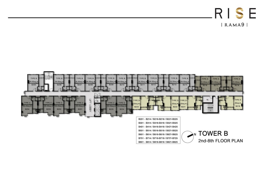 แปลนชั้น 2 - 8 อาคาร B เป็นชั้นพักอาศัยทั้งหมด ชั้นละ 23 ยูนิต เป็น 1 Bedroom ทั้งหมด 