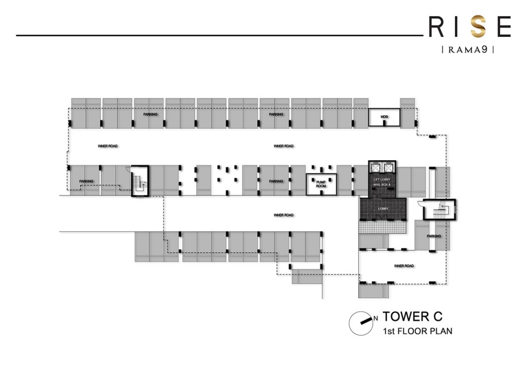 แปลนชั้น 1 อาคาร C เป็นที่จอดรถใต้อาคาร มี Lobby, Mailbox และโถงลิฟท์ มีลิฟท์โดยสาร 2 ตัว บันไดหนีไฟมีสองจุด