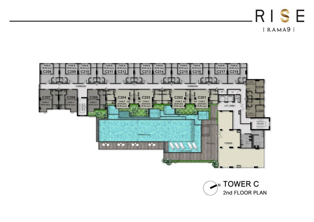 แปลนชั้น 2 อาคาร C จะเป็นชั้นพักอาศัย จำนวน 20 ยูนิต แบ่งเป็น 1 Bedroom 16 ยูนิต และ Duplex 2 Bedroom 4 ยูนิต นอกจากนี้เป็นพื้นที่ส่วนกลางประกอบด้วย ฟิตเนสที่มีความสูงจากพื้นจรดเพดานชั้น 3 ,มีห้องน้ำแยกชายหญิง และสระว่ายน้ำพร้อมพื้นที่นั่งเล่นริมสระ ทั้งนี้ความพิเศษของห้อง Duplex จำนวน 4 ยูนิตนั่นคือ มีส่วนที่เป็น Access Jacuzzi pool อยู่ติดกับห้องเลย