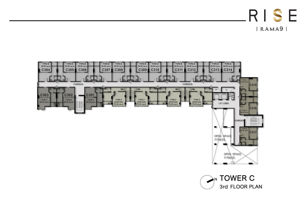แปลนชั้น 3 อาคาร C เป็นชั้นพักอาศัยมี 17 ยูนิต เป็น 1 Bedroom ทั้งหมด และมีส่วนของห้อง Duplex 