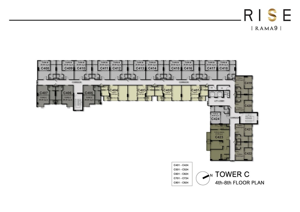 แปลนชั้น 4 - 8 อาคาร C เป็นชั้นพักอาศัยทั้งหมด มีชั้นละ 24 ยูนิต แบ่งเป็นแบบ 1 Bedroom 23 ยูนิต และ 2 Bedroom 1 ยูนิต