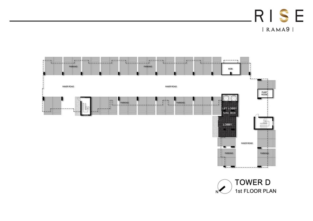 แปลนชั้น 1 อาคาร D เป็นที่จอดรถใต้อาคาร มี Lobby, Mailbox และโถงลิฟท์ มีลิฟท์โดยสาร 2 ตัว บันไดหนีไฟมีสองจุด