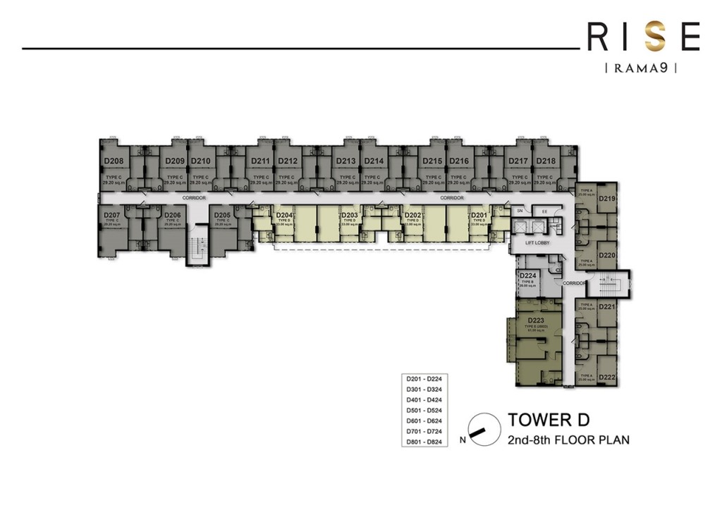 แปลนชั้น 2 - 8 อาคาร D เป็นชั้นพักอาศัยทั้งหมด ชั้นละ 24 ยูนิต แบ่งเป็นแบบ 1 Bedroom 23 ยูนิต และ 2 Bedroom 1 ยูนิต 