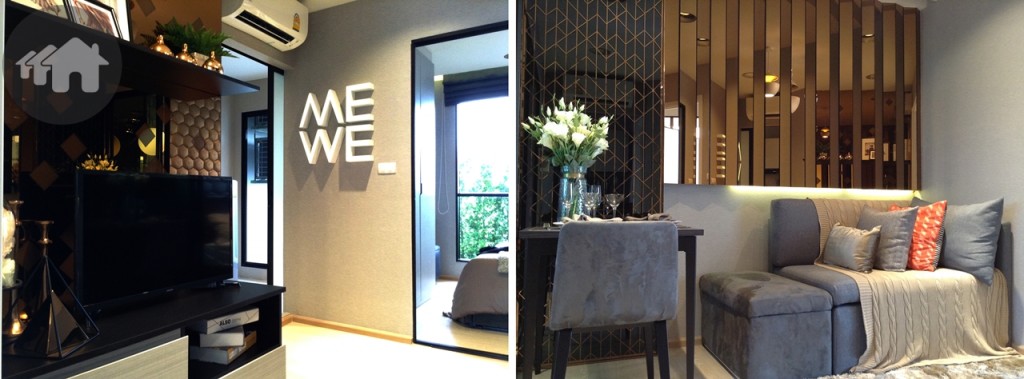 ผนังสองด้านของห้องในโซนรับแขก แบ่งเป็นพื้นที่นั่งเล่น รับประทานอาหารและชั้นวางทีวี ทำให้มีพื้นที่ว่างกลางห้องค่อนข้างกว้างขวางเลยทีเดียว