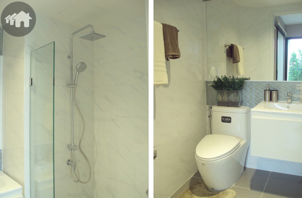 ห้องน้ำมีโซนแห้ง และเปียกเช่นกัน โดยอ่างล้างมือจะเป็นยี่ห้อ MOGEN, โถสุขภัณฑ์ ยี่ห้อ MOGEN และ สายชำระยี่ห้อ Grohe 