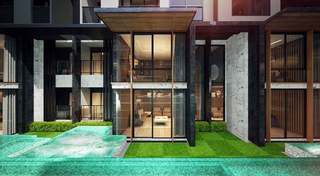 ภาพจำลองห้องแบบ Duplex ที่มีสระว่ายน้ำที่ยื่นไปถึงหน้าห้องแบบส่วนตัว