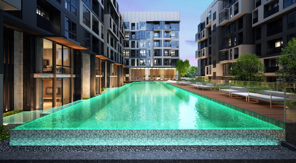 ภาพจำลองสระว่ายน้ำที่ถ่ายให้เห็นมุมมองที่เชื่อมให้เห็นฟิตเนสได้อย่างชัดเจน