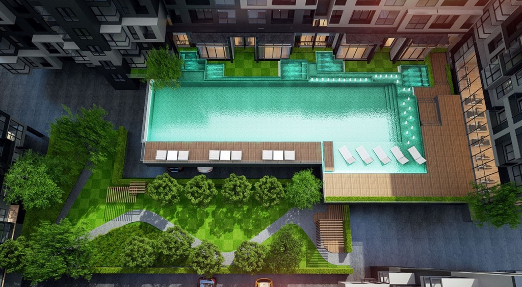 ภาพจำลองพื้นที่ส่วนกลางบนชั้น 2 ของอาคาร C ในมุมสูง 