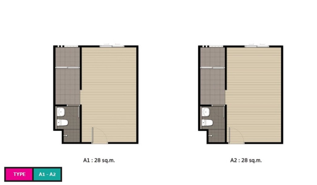 แบบห้อง A1 และ A2 พื้นที่ใช้สอย 28.19 ตารางเมตร (ต่างกันตรงตำแหน่งประตูหน้า)