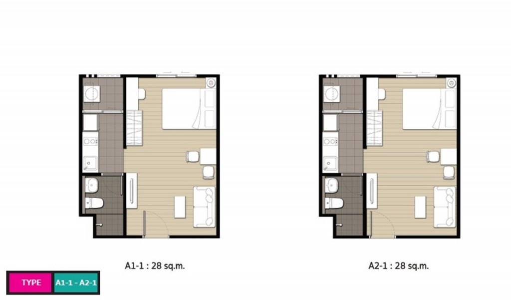 แบบห้อง A1-1 และ A2-1 พื้นที่ใช้สอย 28 ตารางเมตร พร้อมเฟอร์นิเจอร์ (ต่างกันตรงตำแหน่งประตูหน้า)