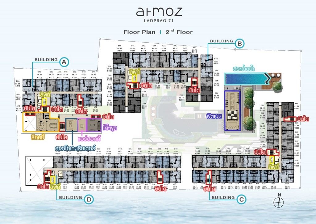 ชั้นที่ 2 เป็นชั้นพักอาศัย (บริเวณชั้นที่ 1 จะเป็นที่จอดรถทั้งหมด) - อาคาร A เป็นล็อบบี้หลัก แบบ Duplex Lobby Lounge ห้องคาราโอเกะเธียเตอร์ โต๊ะพูล แอร์ฮอกกี้  - อาคารสิ่งอำนวยความสะดวก เป็น Smart fitness สระว่ายน้ำ แบบ Lakeside infinite Pool ขนาด 6.10x25 เมตร และที่นั่งพักผ่อน 