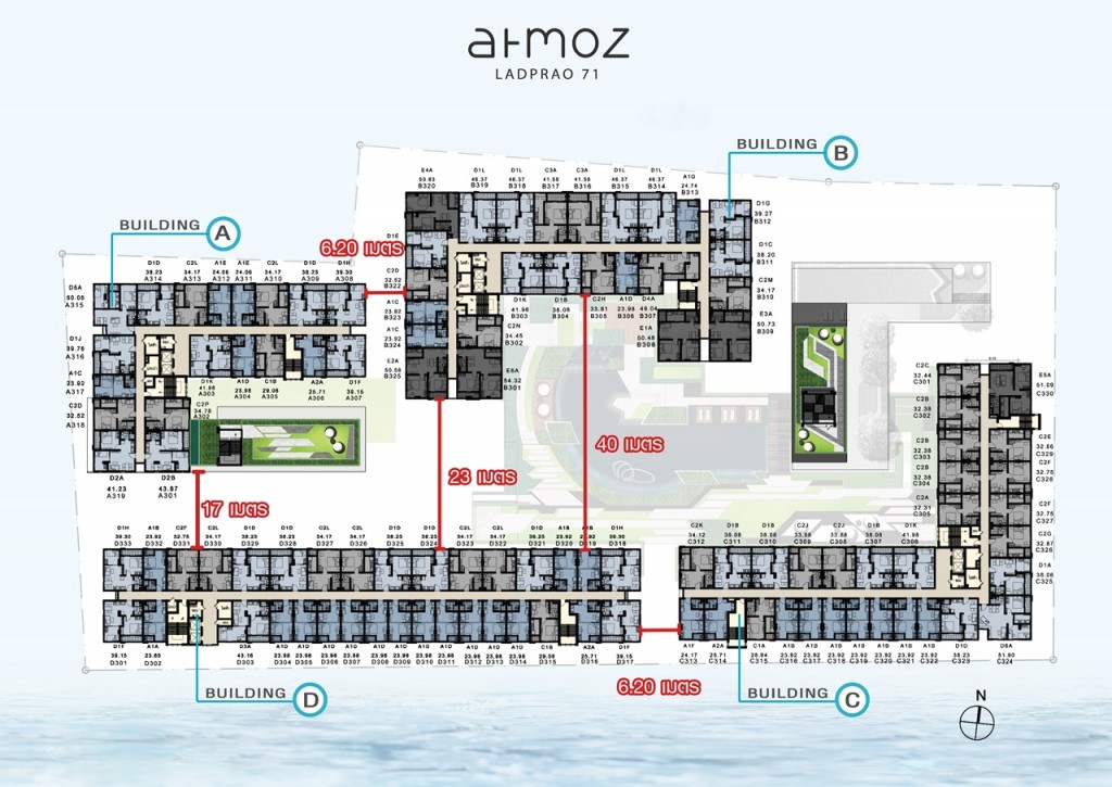ระยะห่างของแต่ละอาคารมีดังนี้ 	- อาคาร A และ D ระยะห่างประมาณ 17 เมตร 	- อาคาร B และ D ระยะห่างมากที่สุดประมาณ 40 เมตร น้อยที่สุดประมาณ 23 เมตร 	- อาคาร A และ B, C และ D ระยะห่างประมาณ 6.20 เมตร 