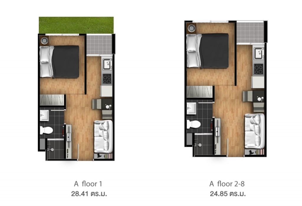 Type A ชั้นที่ 1 พื้นที่ใช้สอย 28.41 ตารางเมตร ชั้นที่ 2-8 พื้นที่ใช้สอย 24.85 ตารางเมตร