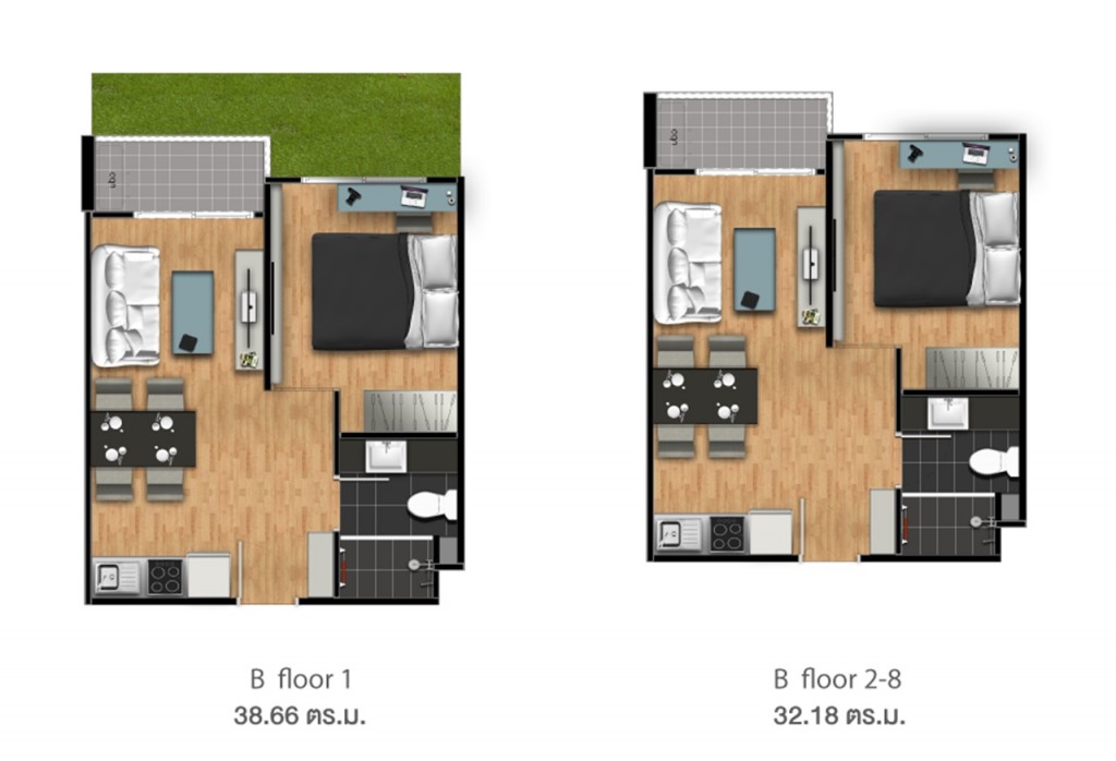 Type B ชั้นที่ 1 พื้นที่ใช้สอย 38.66 ตารางเมตร ชั้นที่ 2-8 พื้นที่ใช้สอย 32.18 ตารางเมตร