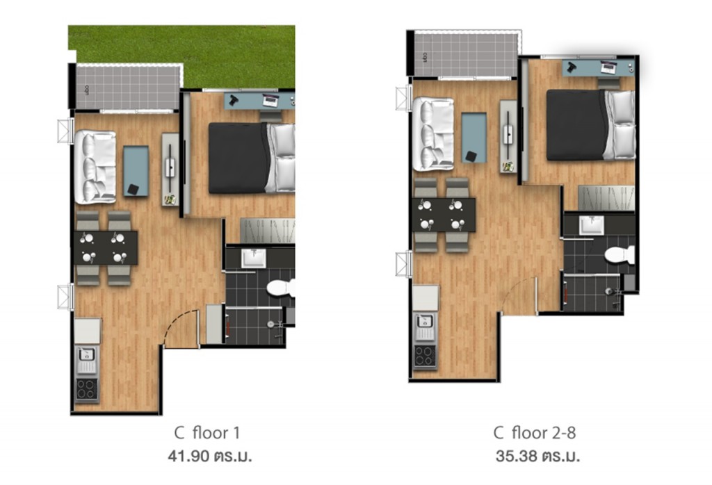 Type C ชั้นที่ 1 พื้นที่ใช้สอย 41.90 ตารางเมตร ชั้นที่ 2-8 พื้นที่ใช้สอย 35.38 ตารางเมตร