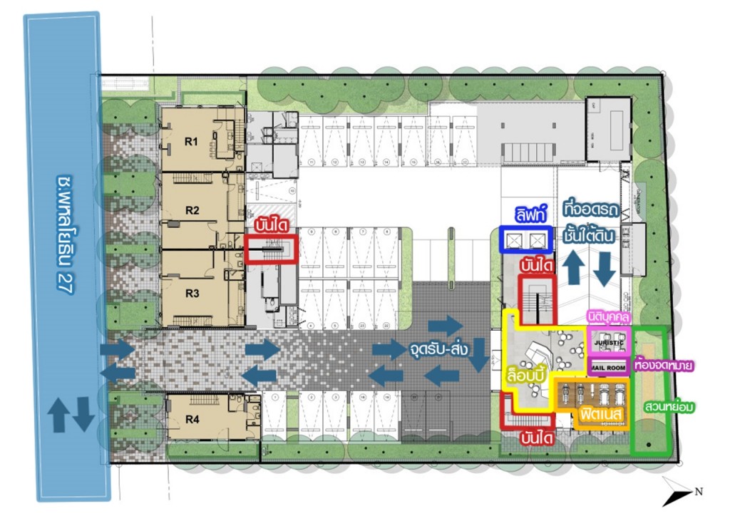 ชั้น G ประกอบด้วยที่จอดรถ และทางลงไปที่จอดรถชั้นใต้ดิน ล็อบบี้ พร้อม Study Area และ Co-working space ฟิตเนส ห้องจดหมาย ห้องนิติบุคคล และสวนหย่อม ด้านหน้าโครงการเป็นห้องแบบดูเพล็กซ์