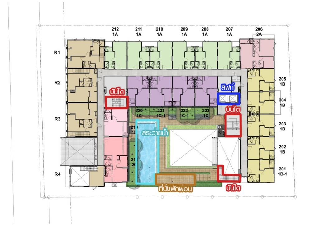 ชั้นที่ 2 เป็นชั้นสิ่งอำนวยความสะดวก ประกอบด้วย สระว่ายน้ำ ที่นั่งพักผ่อน และพื้นที่สวน รวมทั้งห้องพักอาศัย