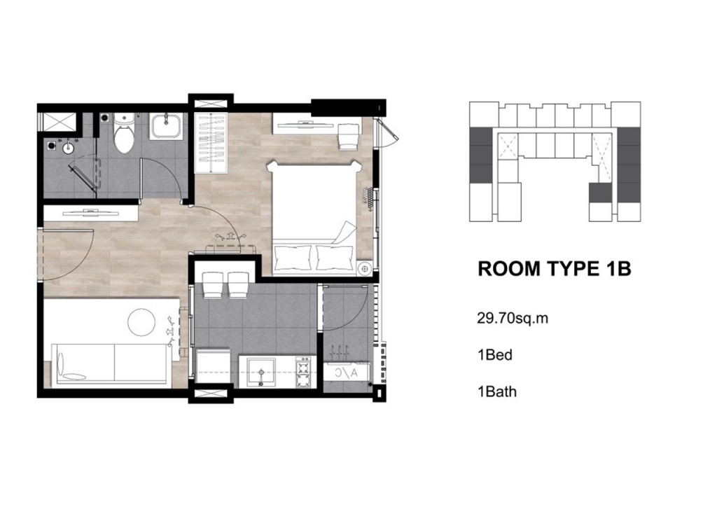 แบบ 1B พื้นที่ใช้สอย 29.70 ตารางเมตร 	แบบ 1B-1 พื้นที่ใช้สอย 29.85 ตารางเมตร 	แบบ 1C พื้นที่ใช้สอย 32 ตารางเมตร 	แบบ 1C-1 พื้นที่ใช้สอย 33.20 ตารางเมตร 