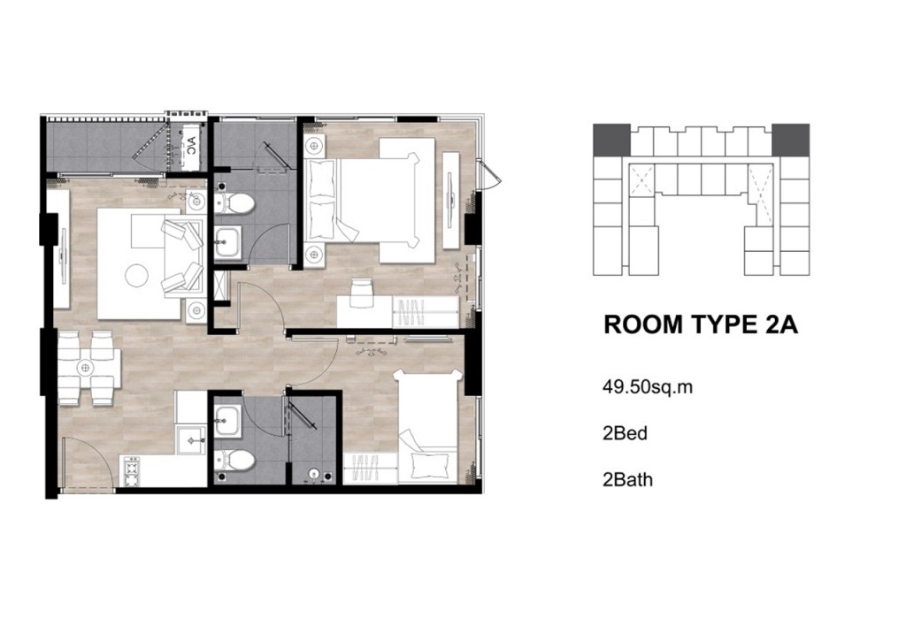แบบ 2A พื้นที่ใช้สอย 49.45 ตารางเมตร