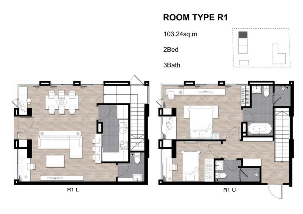 แบบ R1 พื้นที่ใช้สอย 103.24 ตารางเมตร 	แบบ R2 พื้นที่ใช้สอย 108.39 ตารางเมตร 	แบบ R3 พื้นที่ใช้สอย 108.54 ตารางเมตร 	แบบ R4 พื้นที่ใช้สอย 54 ตารางเมตร 