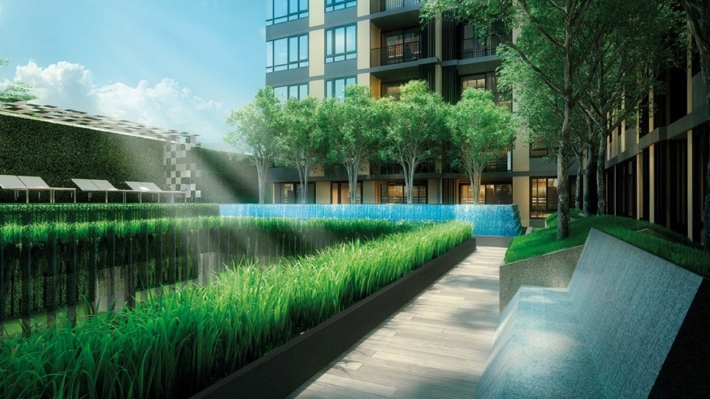 รายรอบสระว่ายน้ำเป็นตกแต่งเป็นสวนแบบ Modern Tropical ให้ความร่มรื่น 