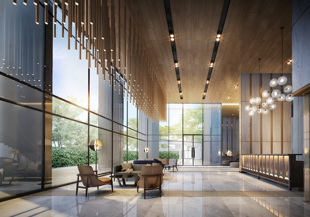 ล็อบบี้แบบ Double Volume พร้อมห้องอเนกประสงค์ และ Co-working space 