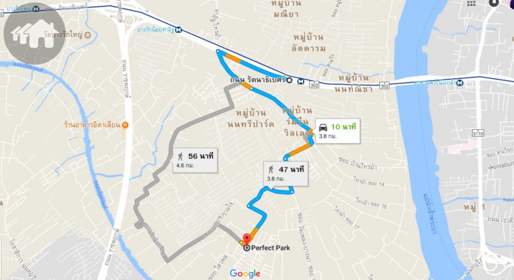 แผนที่จาก Google แสดง เส้นทางจากถนนรัตนาธิเบศร์ถึงโครงการ