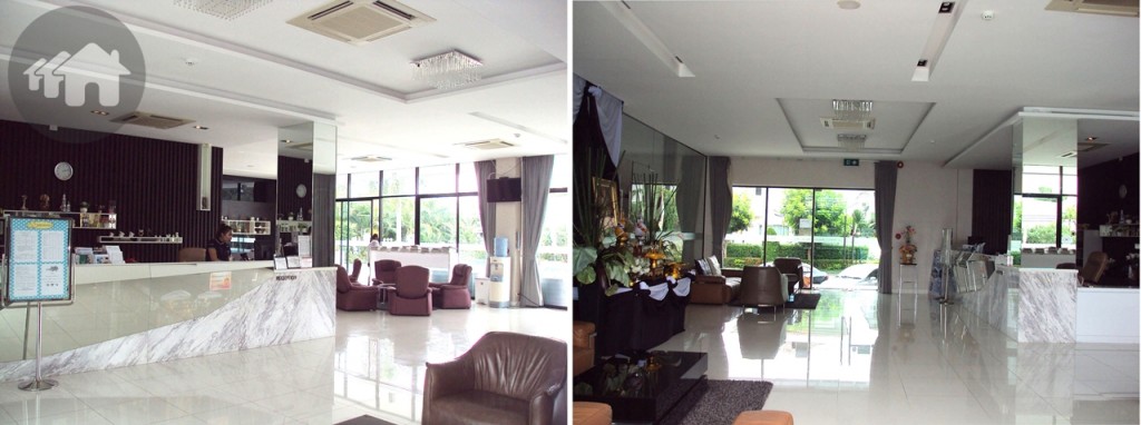 บรรยากาศชั้นล่างของคลับเฮ้าส์เป็นส่วนของเคาน์เตอร์บริการ และที่นั่งเล่นพักผ่อน