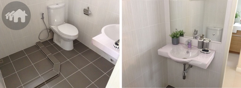 ห้องน้ำชั้นล่างอยู่ใต้บันได มีทั้งส่วนแห้ง และส่วนเปียก ทำธรณีกั้นแบ่งพื้นที่ให้แล้ว 