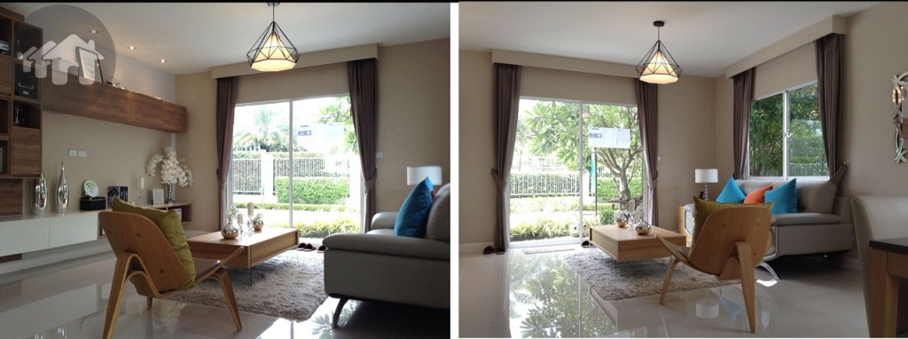 ห้องรับแขกแบบเปิดโล่ง บิลท์อินที่เก็บของและชั้นวางทีวีให้เป็นไอเดีย หลังนี้ไม่ดรอปฝ้า แต่ยังคงเพิ่มลูกเล่นด้วยดวงไฟดาวน์ไลท์ให้