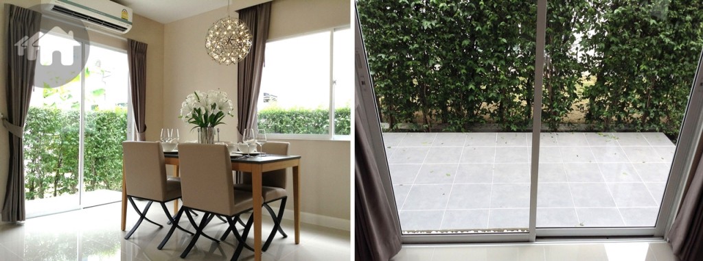 ตำแหน่งของโต๊ะรับประทานอาหารก็จัดวางไว้บริเวณเดียวกันเพื่อเปิดรับลมจากภายนอกได้อย่างสะดวกสบาย