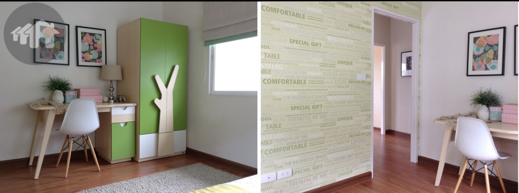 พื้นที่ว่างในห้องนอนเล็กสามารถวางตู้เสื้อผ้าและโต๊ะเขียนหนังสือแบบลอยตัวได้ ส่วนผนังก็ตกแต่งด้วยลวดลายตามชอบใจเพื่อเพิ่มลูกเล่นให้ไม่น่าเบื่อ