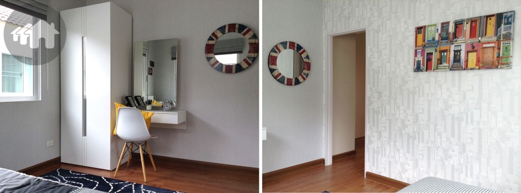 หากอยากขยายตู้เสื้อผ้าก็สามารถบิลท์อินติดผนังได้เพราะพื้นที่ห้องนอนกว้าง และมีพื้นที่เหลืออยู่อีกมาก