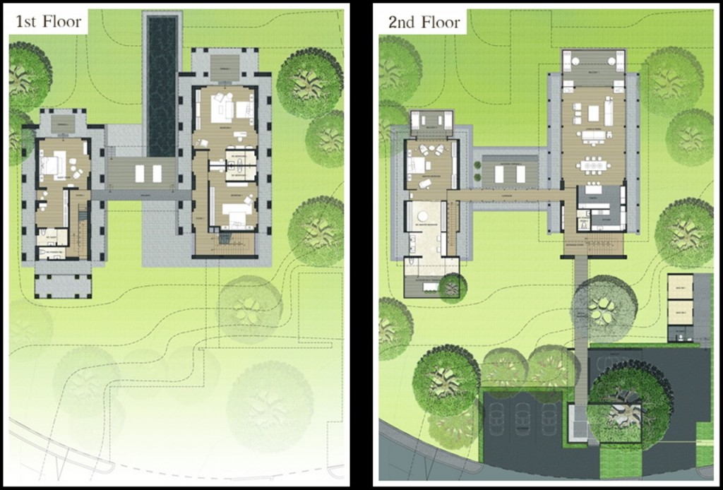 แบบบ้าน Valley เนื้อที่ประมาณ 1.5-4 ไร่ พื้นที่รวม 893 ตารางเมตร พื้นที่ใช้สอย 495 ตารางเมตร ขนาด 4 ห้องนอน 6 ห้องน้ำ 2 ห้องแม่บ้าน 1 ห้องน้ำแม่บ้าน 5 ที่จอดรถ