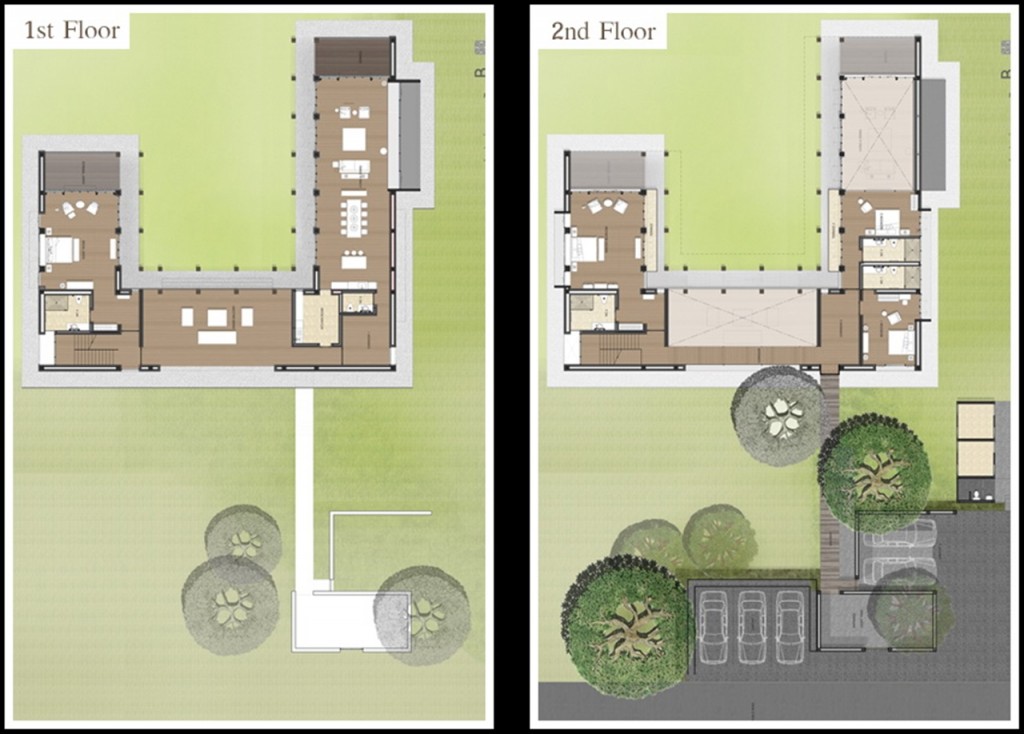 แบบบ้าน Courtyard เนื้อที่ประมาณ 1.5-4 ไร่ พื้นที่รวม 830 ตารางเมตร พื้นที่ใช้สอย 477 ตารางเมตร ขนาด 4 ห้องนอน 5 ห้องน้ำ 2 ห้องแม่บ้าน 1 ห้องน้ำแม่บ้าน 5 ที่จอดรถ