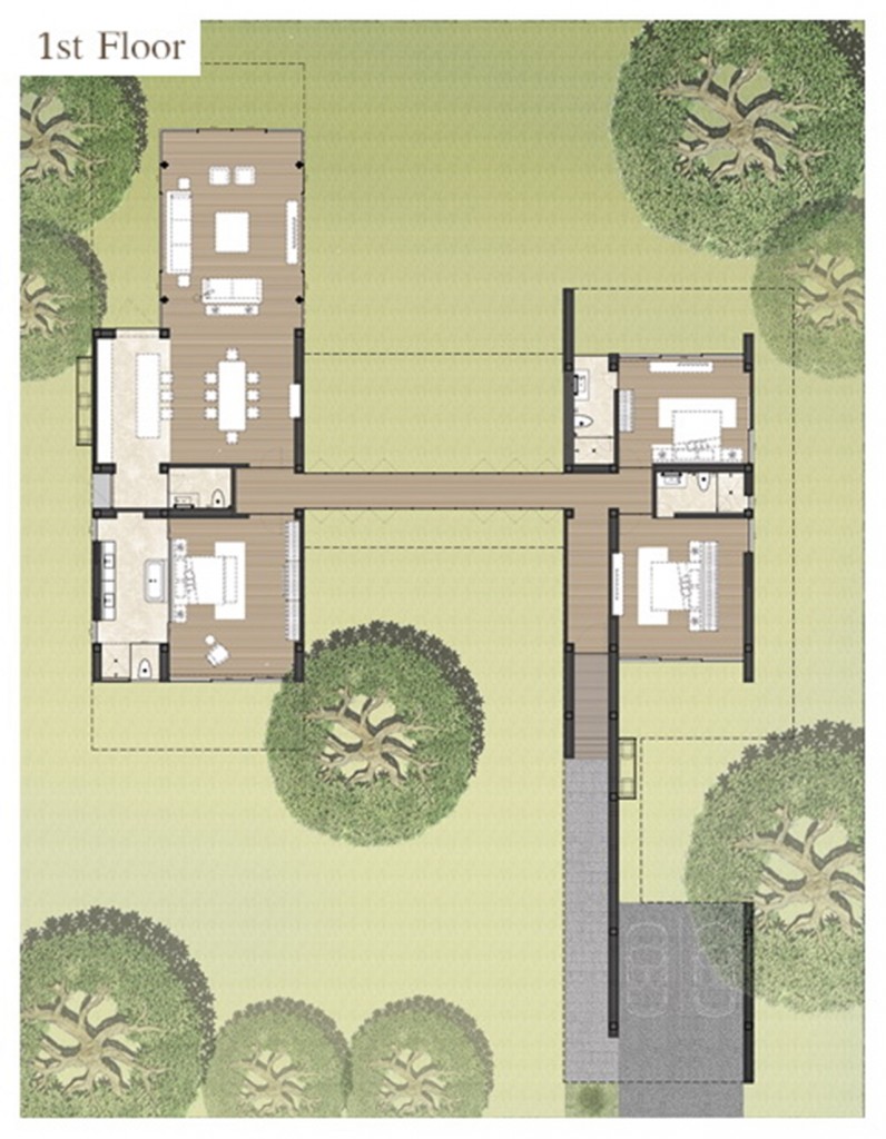 แบบบ้าน Horizontal เนื้อที่ประมาณ 340 ตารางวา-1.5 ไร่ พื้นที่รวม 597 ตารางเมตร พื้นที่ใช้สอย 289 ตารางเมตร ขนาด 3 ห้องนอน 4 ห้องน้ำ 2 ที่จอดรถ
