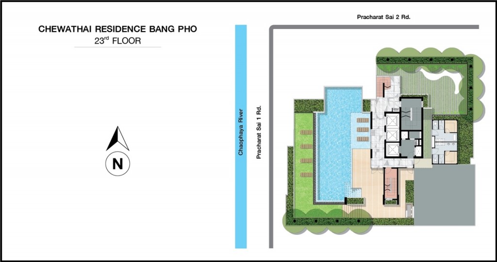 ผังชั้น 23 เป็นสระว่ายน้ำ ลักษณะเปิดกว้าง หันหน้าไปทางทิศตะวันตก ชมวิวของแม่น้ำเจ้าพระยาได้