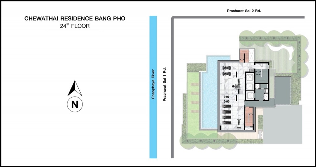 ผังชั้น 24 ซึ่งอยู่บนสุด เป็นฟิตเนส