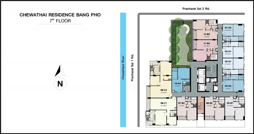 ผังชั้น 7 ห้องพักอาศัยจะเริ่มตั้งแต่ชั้นนี้เป็นต้นไป ความพิเศษคือมีสวนลอยฟ้า