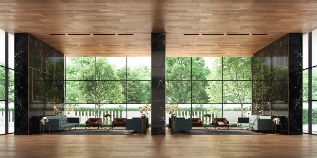 ล็อบบี้แบบ Double Volume พร้อมที่นั่งพักผ่อนและรับรองแขก