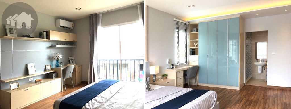 ภายในห้องนอนใหญ่บิลท์อินชั้นวางของ โต๊ะทำงานและตู้เสื้อผ้าขนาดใหญ่ไว้เป็นไอเดีย ทั้งนี้มีห้องน้ำให้ในตัว