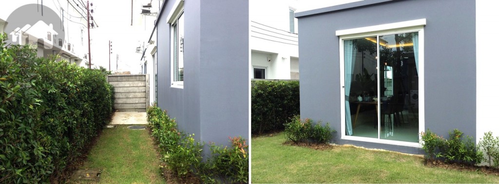 พื้นที่รอบบ้านด้านข้างกว้างพอสมควร ส่วนตัวบ้านด้านข้างทำช่องแสงขนาดใหญ่ไว้ให้เช่นเดียวกับบ้านเดี่ยว