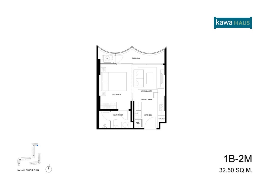 แบบห้อง 1B-2M พื้นที่ใช้สอย 32.50 ตารางเมตร ขนาด 1 ห้องนอน 1 ห้องน้ำ