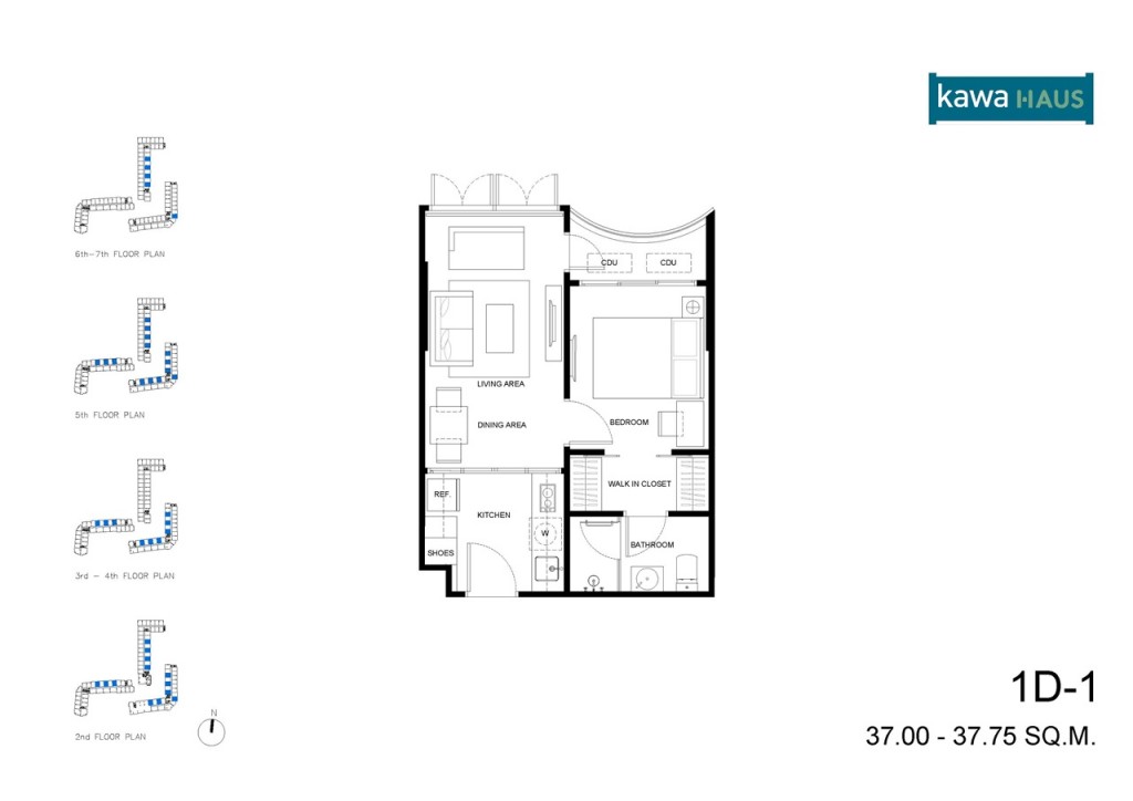 แบบห้อง 1D-1 พื้นที่ใช้สอย 37-37.75 ตารางเมตร ขนาด 1 ห้องนอน 1 ห้องน้ำ