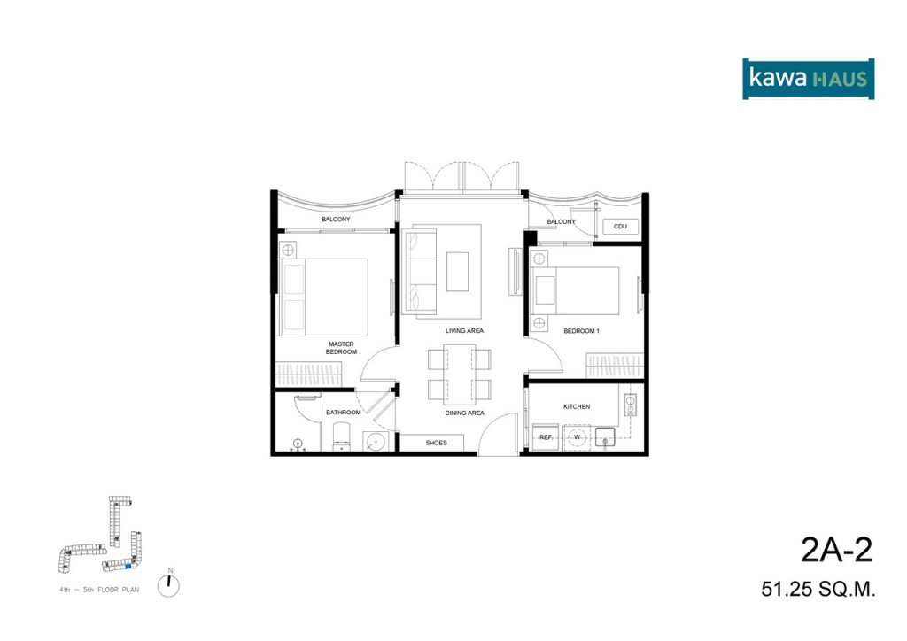 แบบห้อง 2A-2 พื้นที่ใช้สอย 51.25 ตารางเมตร ขนาด 2 ห้องนอน 1 ห้องน้ำ