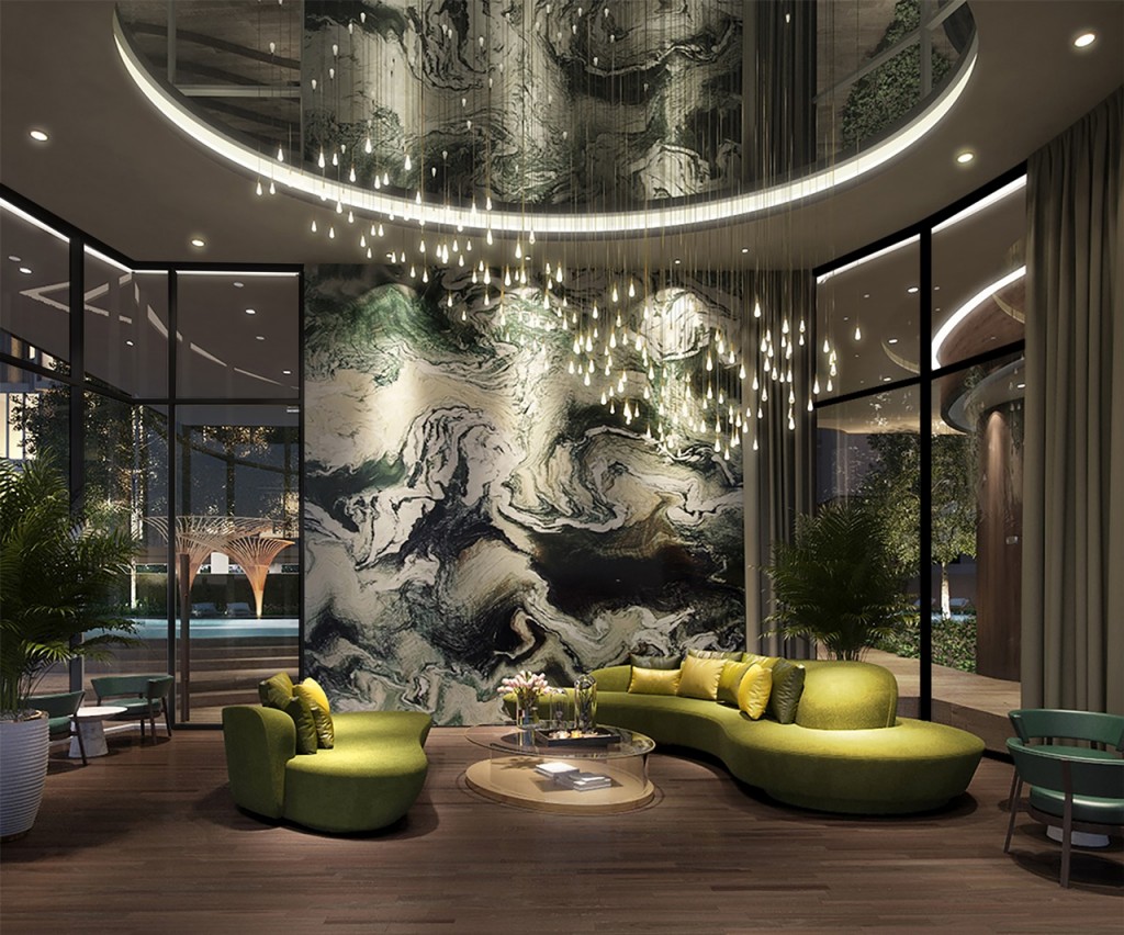 Panoramic Double Volume Lounge ล็อบบี้ เลานจ์ ที่ออกแบบให้โอ่โถงด้วยการยกระดับเพดานให้สูงโปร่ง ตกแต่งอย่างกลมกลืนเหมือนเป็นส่วนหนึ่งของธรรมชาติ