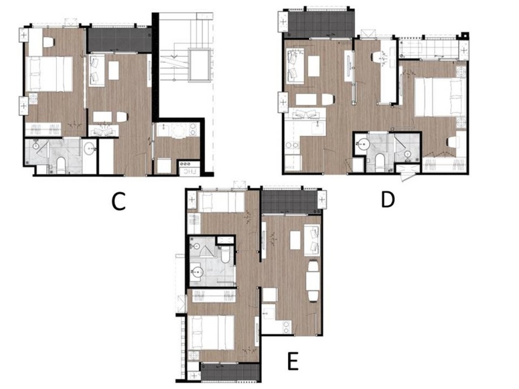 C เป็น 1 Bedroom ขนาด 37 ตร.ม. / D เป็น 1 Bedroom Extra ขนาด 38 ตร.ม. / E เป็น 1 Bedroom Plus ขนาด 40.5 ตร.ม.