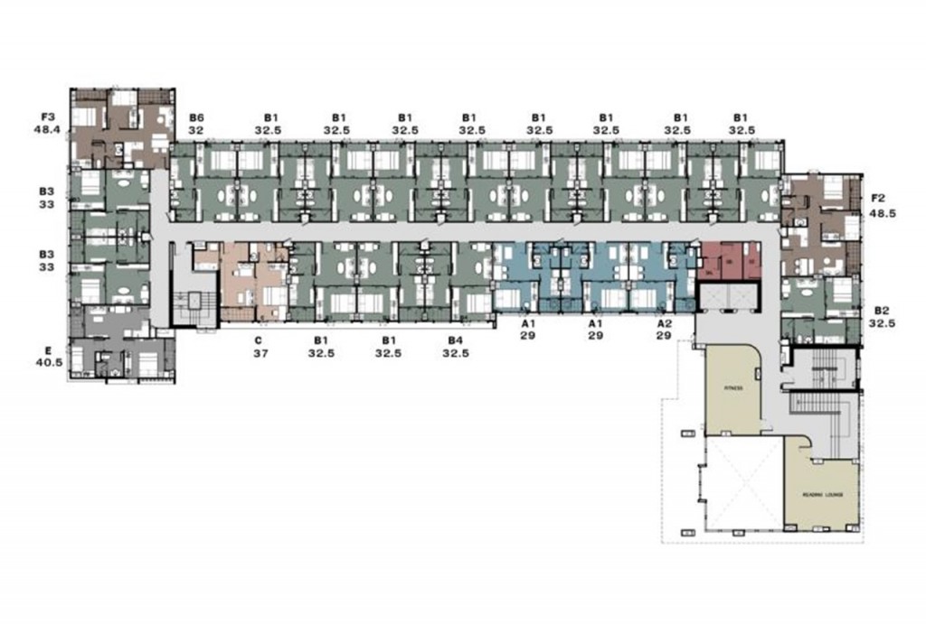 ผังอาคารชั้น 2 เป็นฟิตเนส มุมอ่านหนังสือ และห้องพักอาศัย